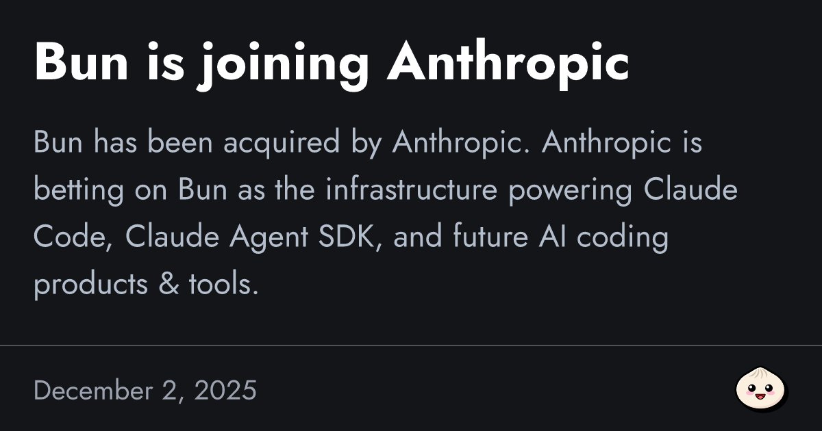 coder_blvck's tweet card. Bun has been acquired by Anthropic. Anthropic is betting on Bun as the infrastructure powering Claude Code, Claude Agent SDK, and future AI coding products & tools.