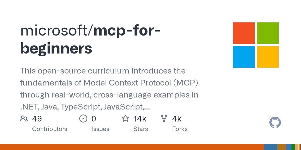 lee_stott's tweet card. This open-source curriculum introduces the fundamentals of Model Context Protocol (MCP) through real-world, cross-language examples in .NET, Java, TypeScript, JavaScript, Rust and Python. Designed ...