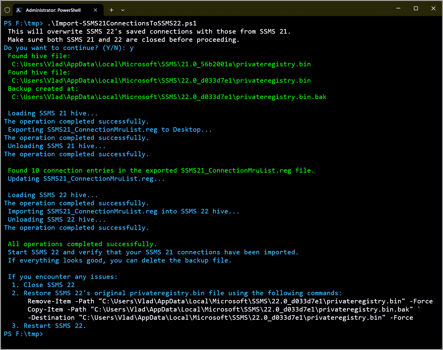 VladDBA's tweet card. This blog post is a guide for migrating saved connection details from SQL Server Management Studio 21 to SSMS 22