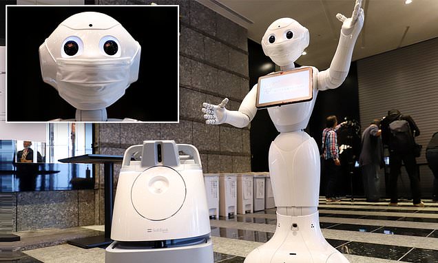 DailyMail's tweet card. Hotels in Tokyo have been converted into quarantine facilities to free up space at hospitals and are staffed with robots. Pepper, the world's first humanoid, is greeting people as they arrive.