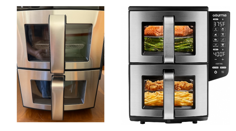 NightHelperBlog's tweet card. Discover the Gourmia 11-QT Dual Basket Air Fryer—perfect for frying, baking, roasting, and reheating with ease. Cook two meals at once fast!