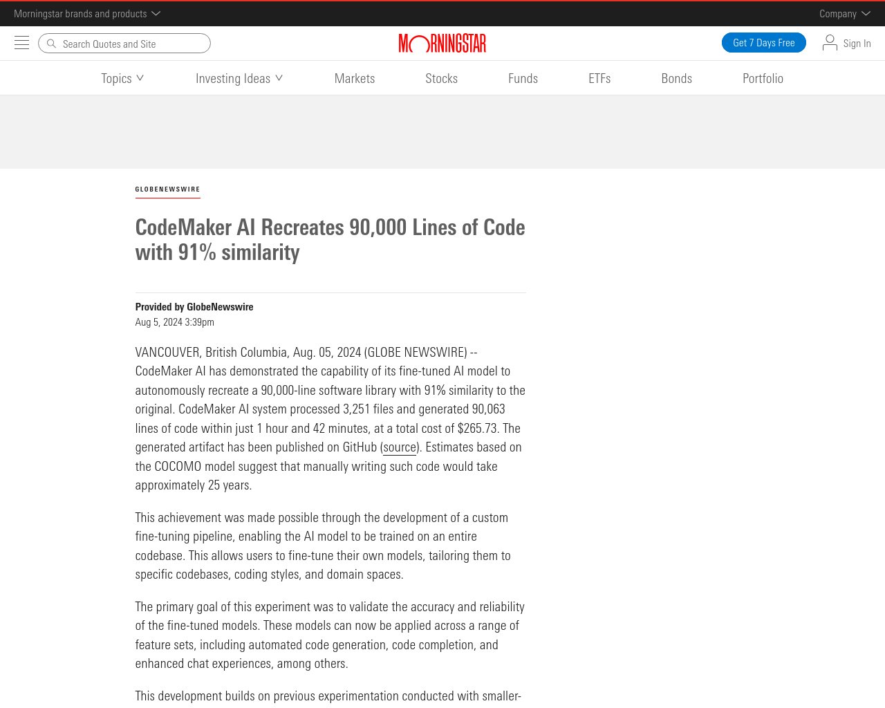 managetech_inc's tweet card. CodeMaker AIは、AIモデルを微調整して、90,000行のソフトウェアライブラリを元のものに91%の