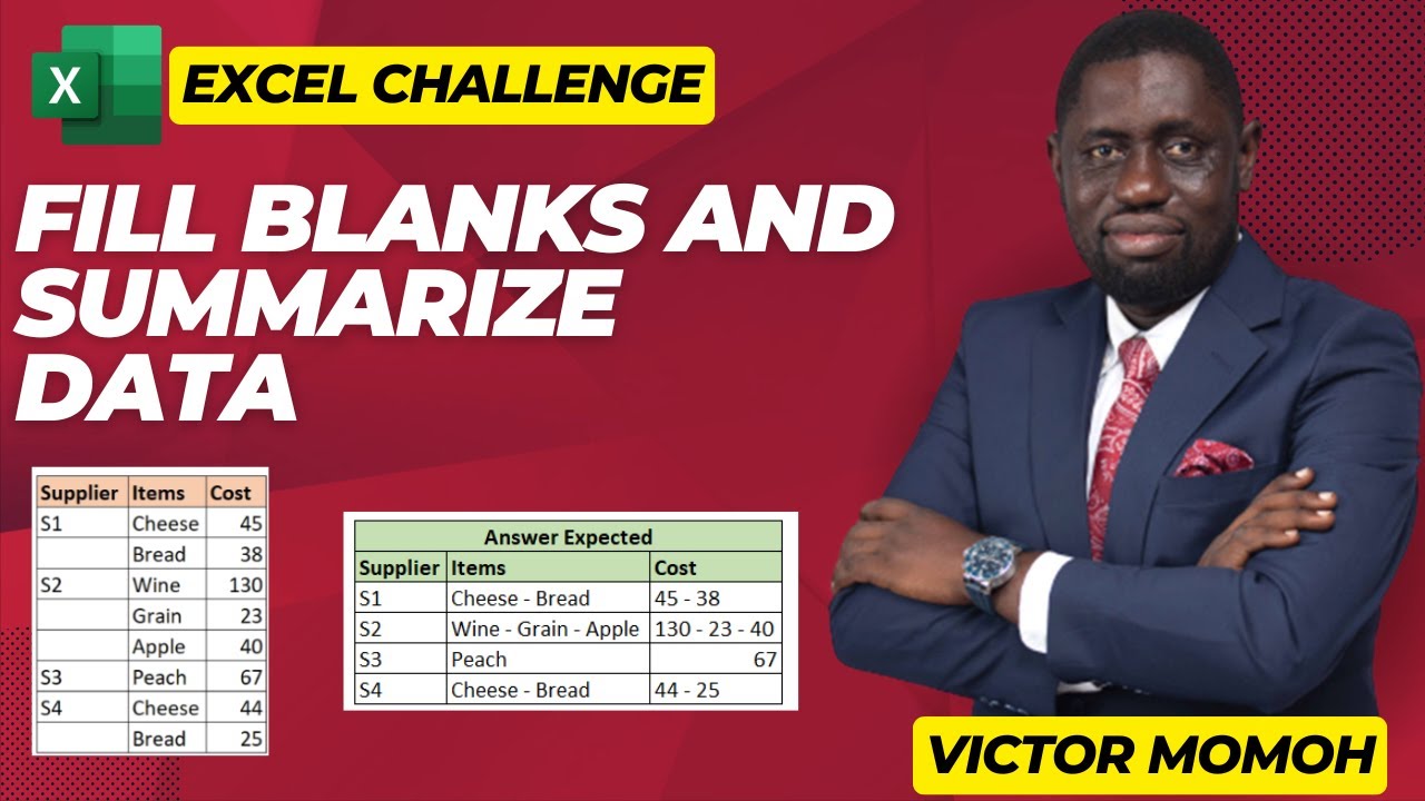 VicmoExcel's tweet card. Fill Blanks and summarize data in Excel