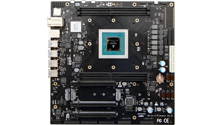 n_copa's tweet card. A 64-core, RISC-V motherboard and workstation for native development