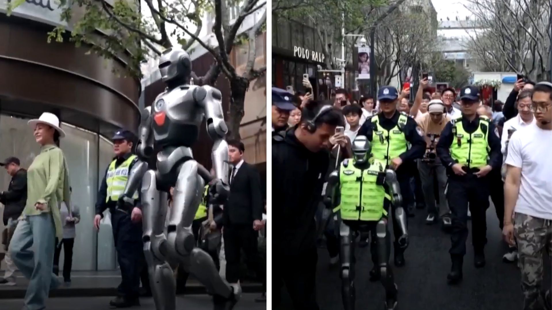 FpeSre's tweet card. EngineAI’s PM01 humanoid robots patrol Shenzhen with police, shaking hands, responding to commands, and engaging crowds.