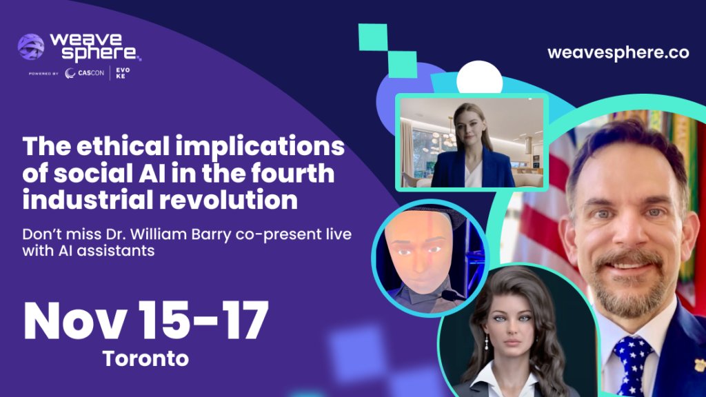 WeaveSphere's tweet card. Dr. William Barry’s keynote will look at ‘the good, the bad, and the ugly’ of using AI to augment human teams.