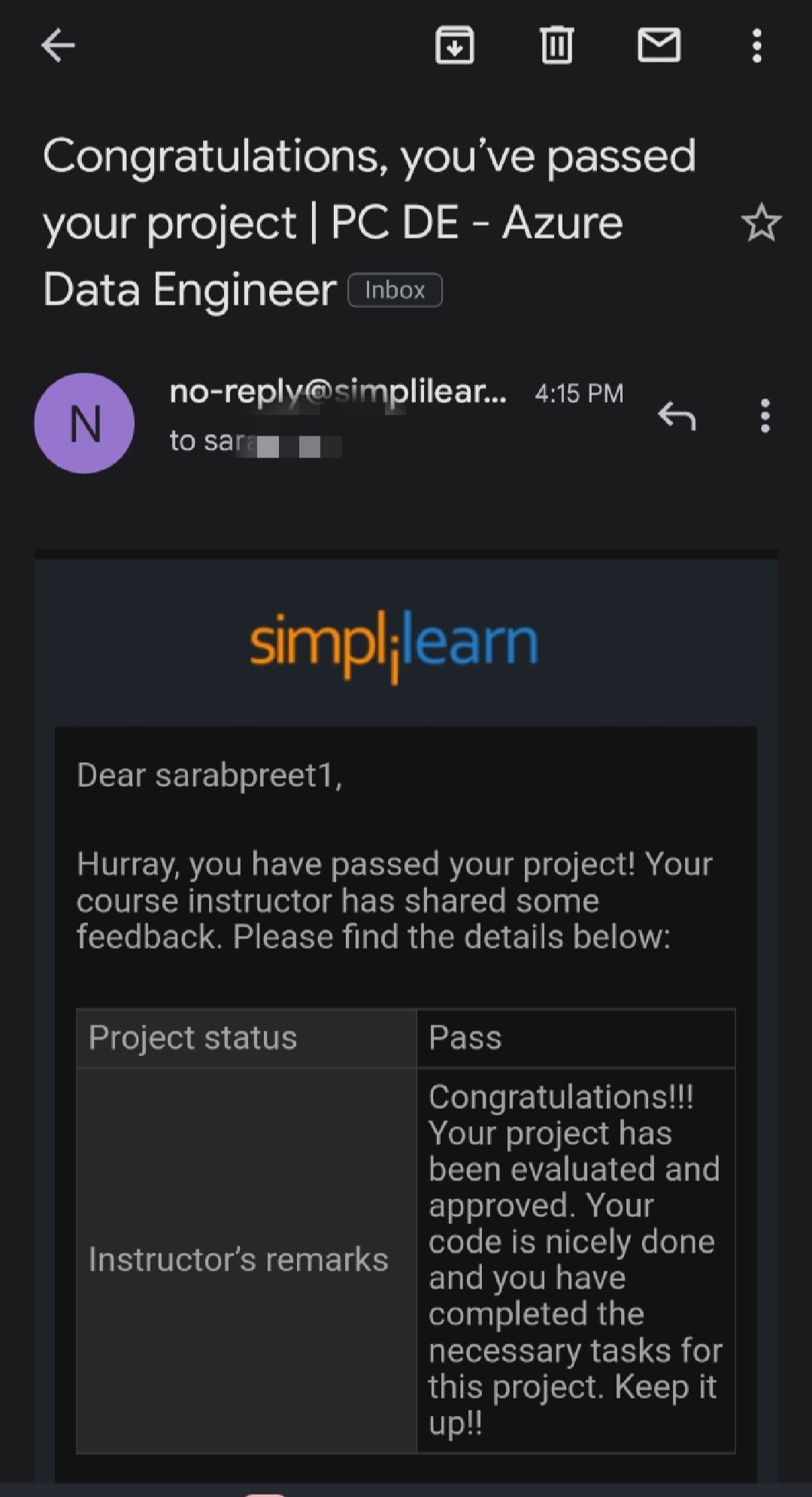 Sarab_SQLGeek's tweet card. Happy to announce.. Finally, my Azure Project is also approved. #azure #dataengineering #simplilearn #cloudlearning #achievement