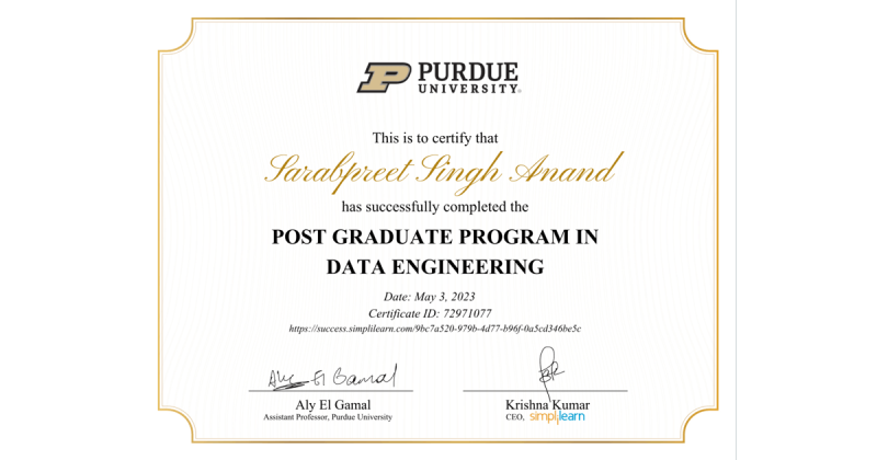 Sarab_SQLGeek's tweet card. I am thrilled to announce that I have successfully completed the Post Graduate Program in Data Engineering from Purdue University! This accomplishment marks a significant milestone in my career...
