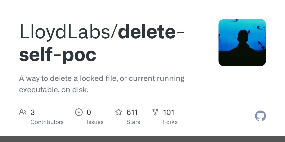 LloydLabs's tweet card. A way to delete a locked file, or current running executable, on disk. - LloydLabs/delete-self-poc