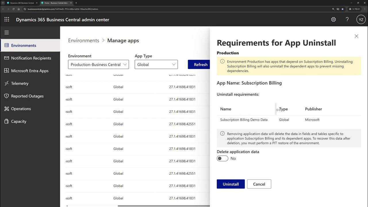 yzhums's tweet card. Business Central short video: Uninstall apps from Admin Center