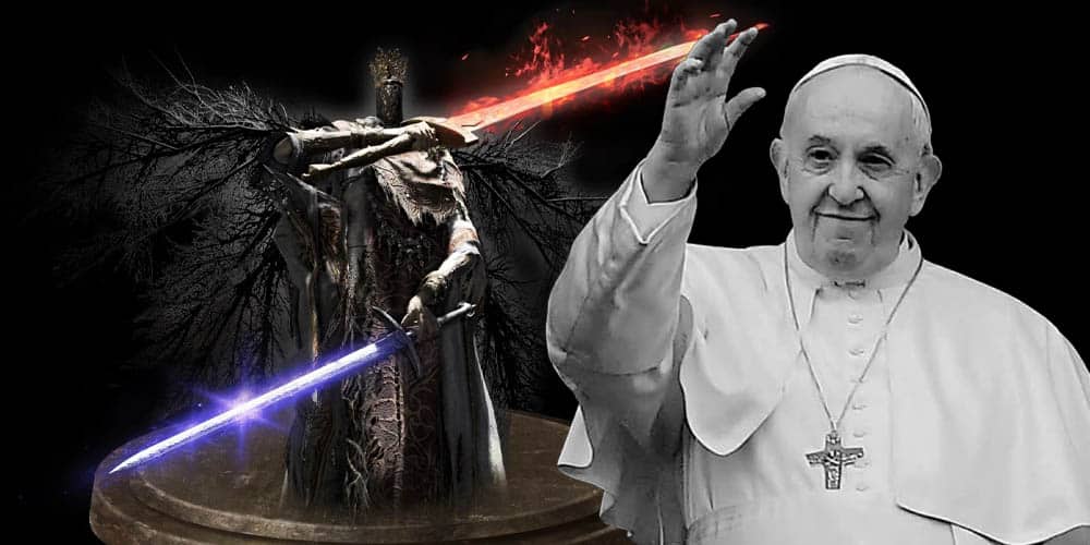 elchapuzas's tweet card. Tanto Telecinco como Cuatro han publicado noticias de la elección del Papa donde han añadido gameplay de Dark Souls 3 contra el Pontífice.