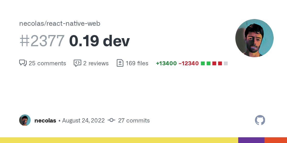 ReactWeb's tweet card. Canary: npm install react-native-web@0.0.0-47671ca4 Best compatibility: react-native@>=0.71 React 18 support [change] React 18 createRoot support. [change] Update Animated to support React ...