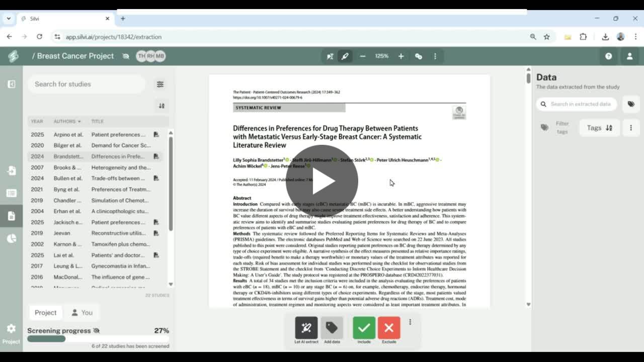 MushtaqBilalPhD's tweet card. Data extraction takes a lot of time and effort while conducting a systematic review. Silvi has an AI-powered feature that can help you fast-track your data extraction with zero hullications. Here's...