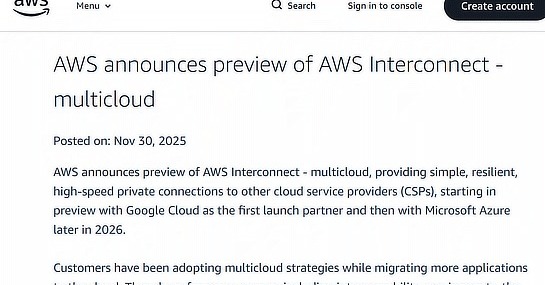 DataEngComm's tweet card. 米Amazon Web Services（AWS）は、Google CloudやMicrosoft Azureなどのクラウドと高速なプライベート接続を実現する新サービス「AWS Interconnect - multicloud」のプレビュー開始を発表しました。