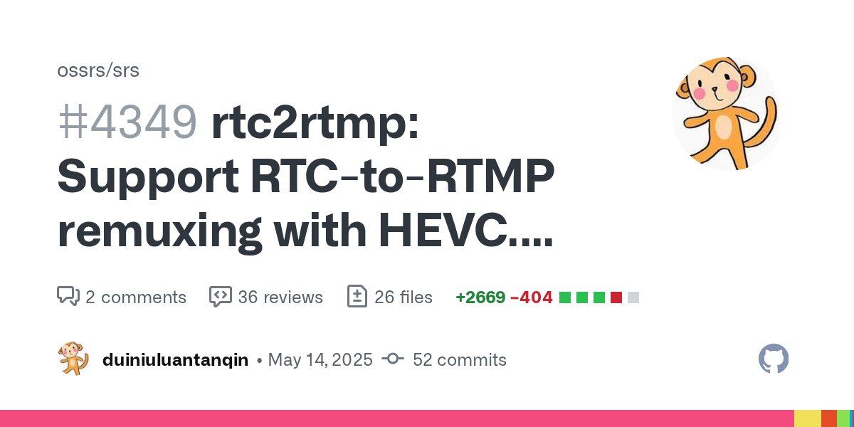 srs_server's tweet card. Introduce This pull request builds upon the foundation laid in #4289 . While the previous work solely implemented unidirectional HEVC support from RTMP to RTC, this submission further enhances it ...