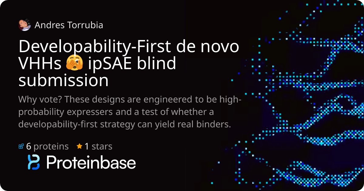 antor's tweet card. Why vote? These designs are engineered to be high-probability expressers and a test of whether a developability-first strategy can yield real binders.