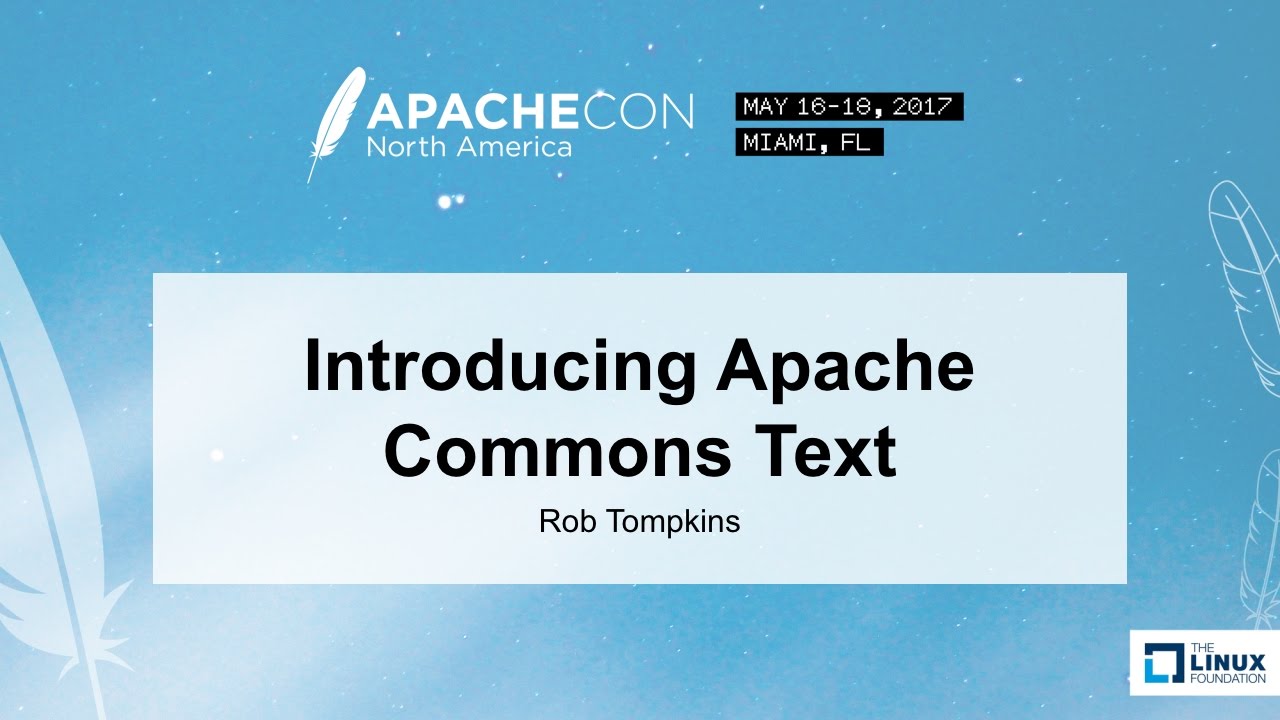 ApacheCommons's tweet card. Introducing Apache Commons Text - Rob Tompkins