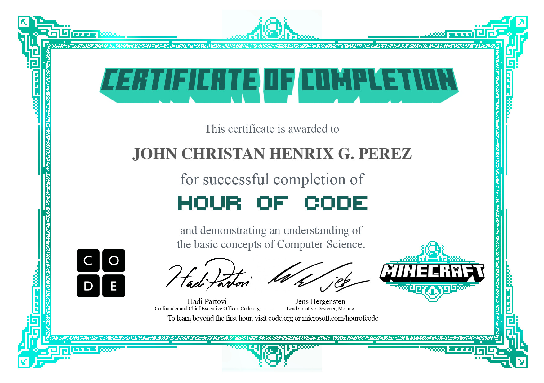 greatjohnperez's tweet card. Certificate for completion of Minecraft Adventurer