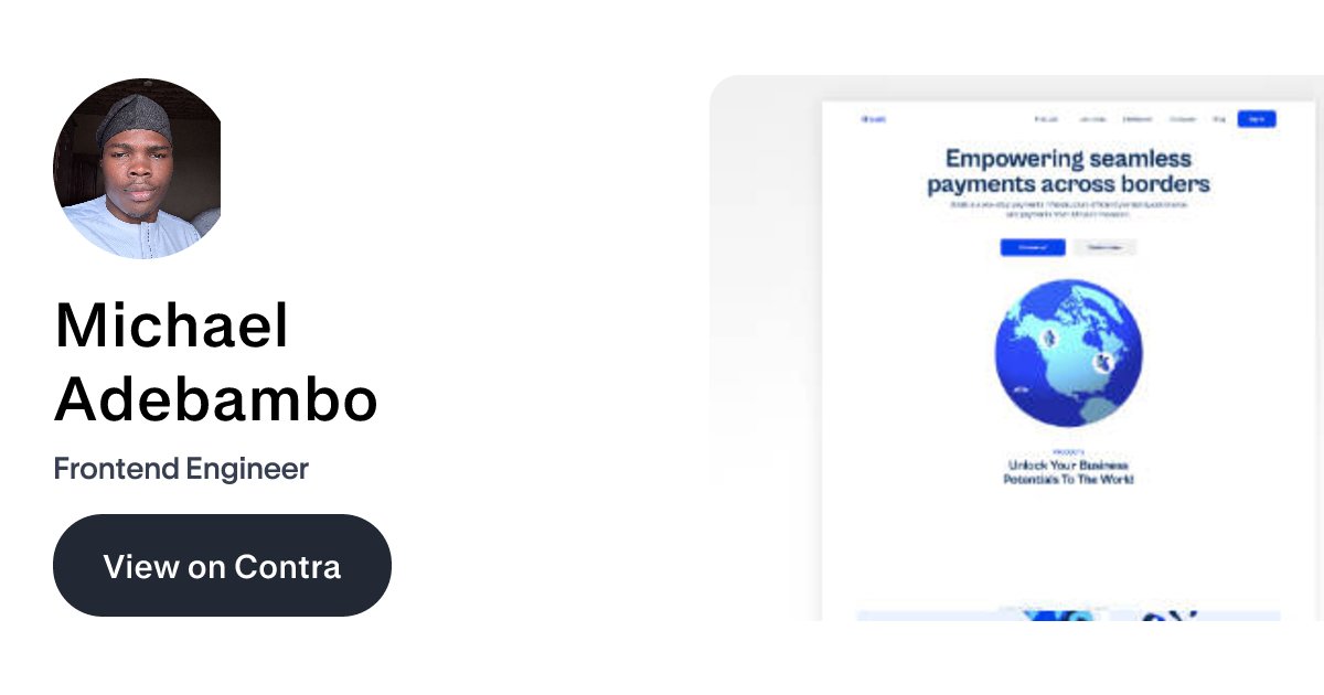 mikeoxygen_'s tweet card. View Michael Adebambo's Profile on Contra, the Independent-first, commission-free freelance marketplace shaping the future of work. Hire a freelancer today!
