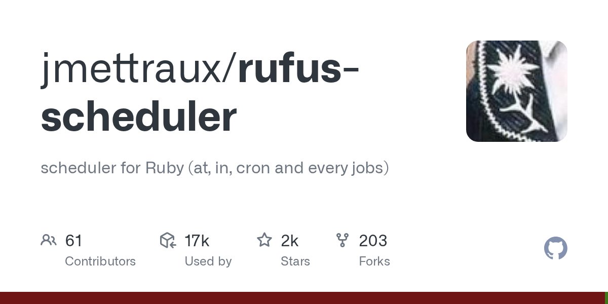 RubyInside's tweet card. scheduler for Ruby (at, in, cron and every jobs). Contribute to jmettraux/rufus-scheduler development by creating an account on GitHub.