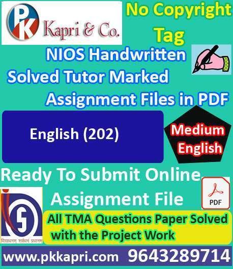pkkapriandco's tweet card. Nios English 202 Solved Handwritten Assignment Scanned Pdf English Medium. Ready to Submit Nios Solved Assignment (TMA) Handmade File April/October 2026.