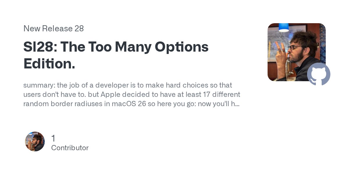 scrollaapp's tweet card. summary: the job of a developer is to make hard choices so that users don't have to. but Apple decided to have at least 17 different random border radiuses in macOS 26 so here you go: now you&#...