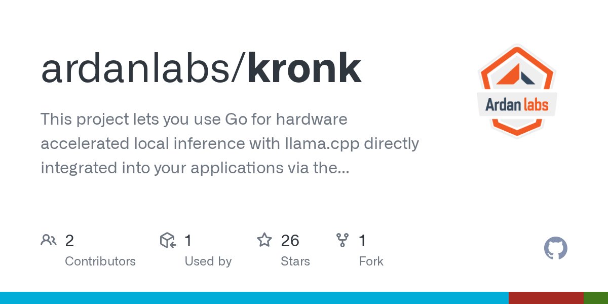 goinggodotnet's tweet card. This project lets you use Go for hardware accelerated local inference with llama.cpp directly integrated into your applications via the yzma module. Kronk provides a high-level API that feels simil...