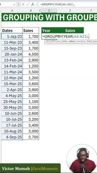 VicmoExcel's tweet card. GROUPBY Year from Date column #shorts