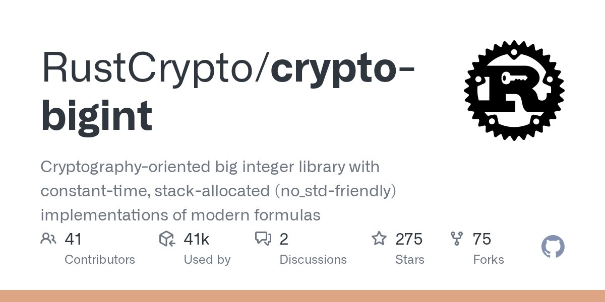 RustCryptoOrg's tweet card. Cryptography-oriented big integer library with constant-time, stack-allocated (no_std-friendly) implementations of modern formulas - RustCrypto/crypto-bigint