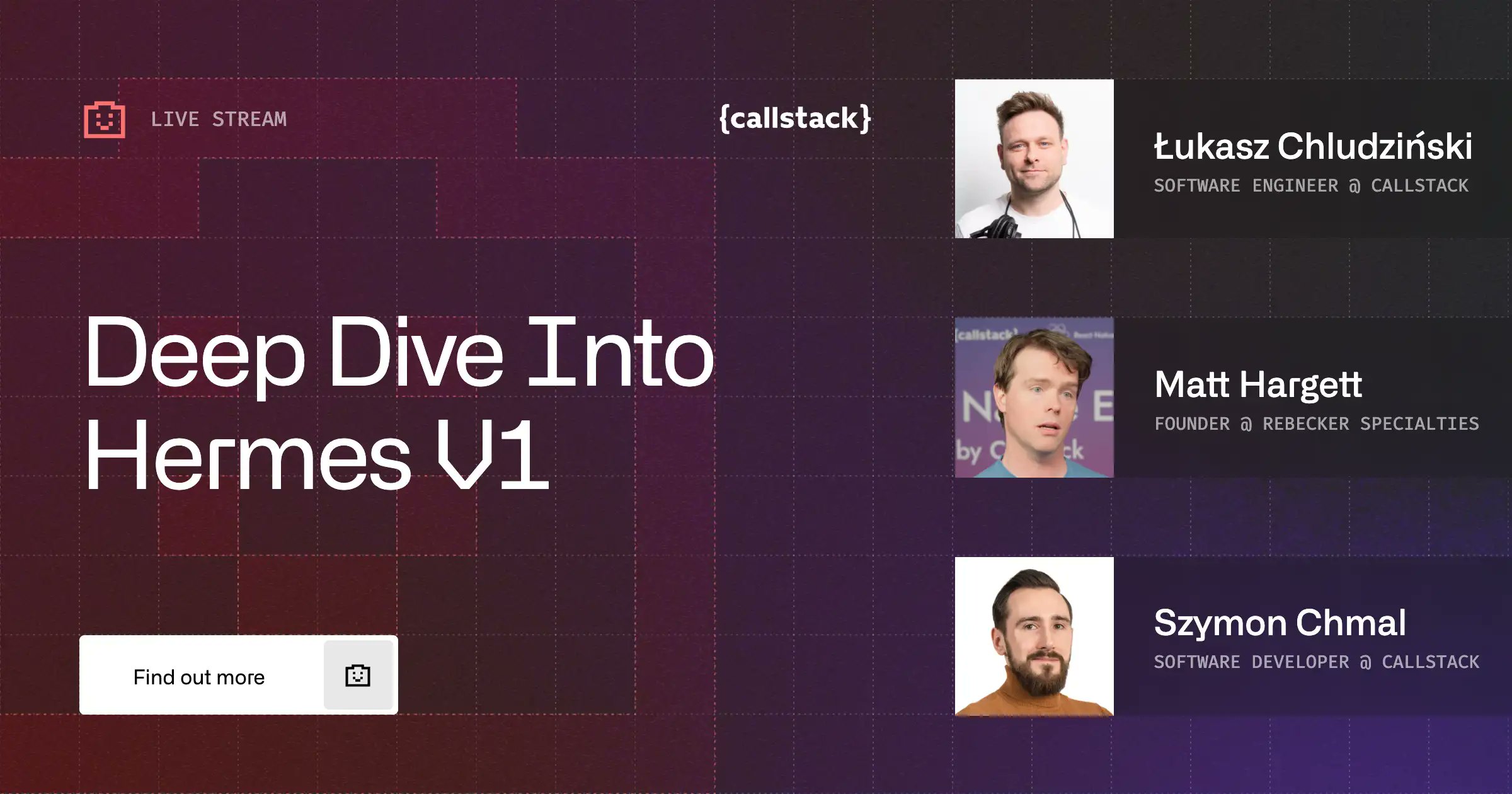 lukasz_app's tweet card. Łukasz Chludziński, Szymon Chmal, and Matt Hargett unpack Hermes V1, covering what’s new, what’s changing, and what’s ahead for React Native performance.