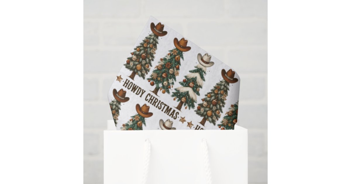 vibesofcolor2's tweet card. A Western Howdy Tissue Paper Christmas Design With Christmas Trees And Cowboy Hat Toppers With Typography Howdy Christmas