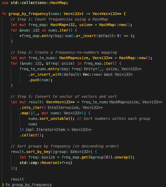 mariusb's tweet card. Given a list of integers, return a vector of vectors where each inner vector contains all numbers that appear the same number of times, grouped by frequency.