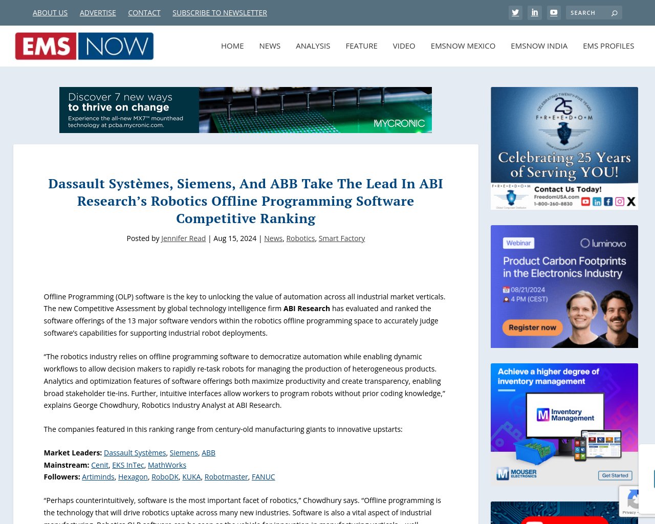 managetech_inc's tweet card. 要約: ABI Researchによる新しい競争評価によると、ロボティクスのオフラインプログラミングソフトウェ