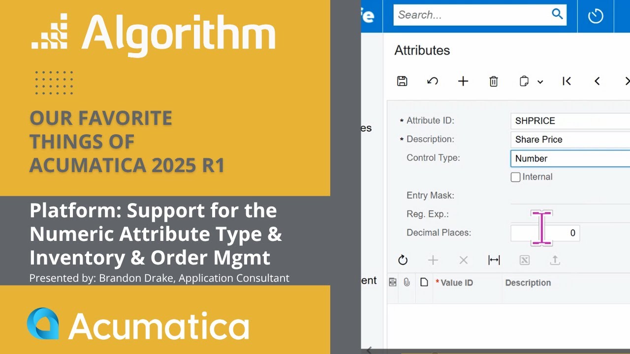 AlgorithmInc's tweet card. What's New in Acumatica 25R1: Platform Support for Numeric Attribute...