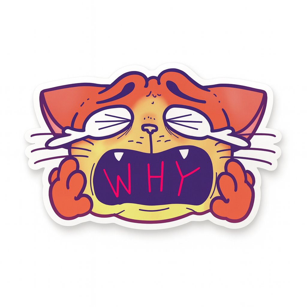 Matchabrained's tweet card. This cat cries, "WHY". This design is created by Sakeozo, a deaf artist and animator. Visit her IG here! *This sticker is 3x3" and is made to order. Fulfilment will take 1-2 weeks. 
