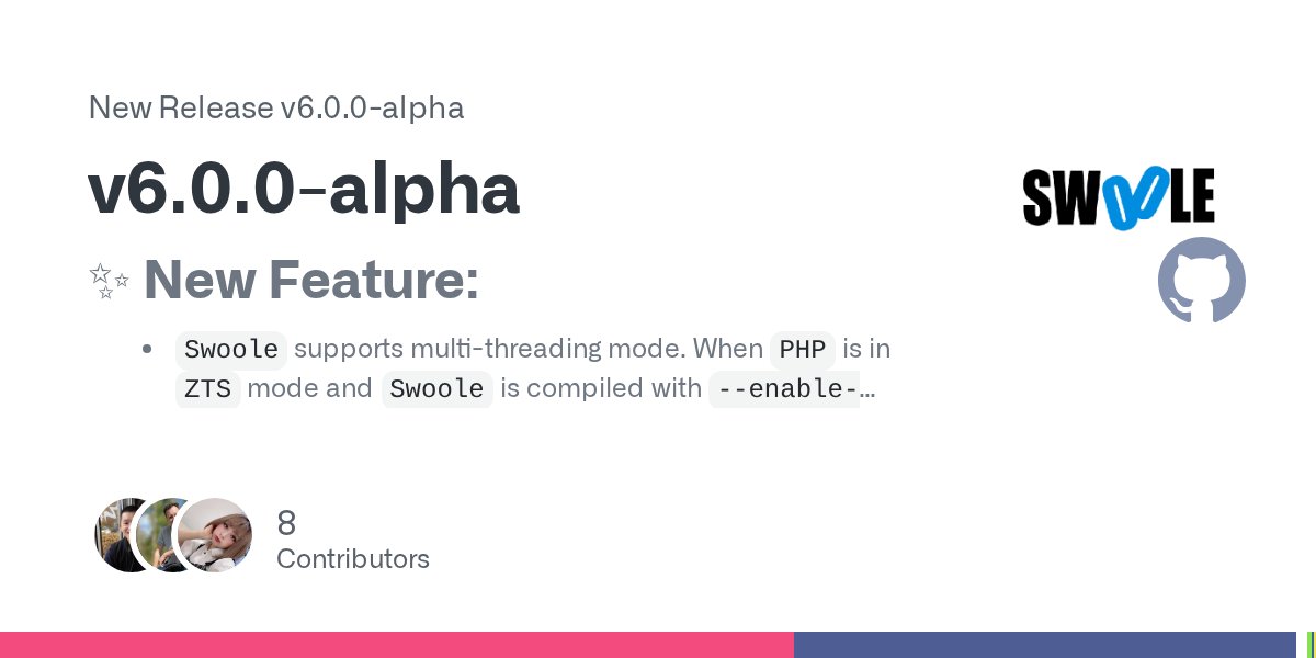 phpswoole's tweet card. ✨ New Feature: Swoole supports multi-threading mode. When PHP is in ZTS mode and Swoole is compiled with --enable-swoole-thread, the multi-threading mode can be utilized. Added a new thread manage...