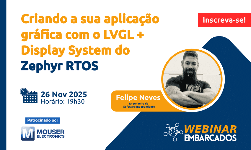 embarcados's tweet card. Aprenda sobre o Zephyr RTOS e LVGL. Descubra como configurar seu projeto para suportar a criação de aplicações gráficas.