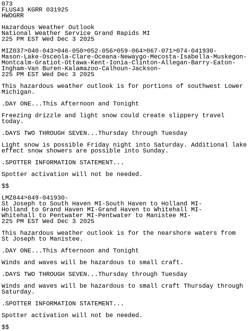 iembot_grr's tweet card. HWO issued by NWS GRR at 03 Dec 2025 19:25 UTC