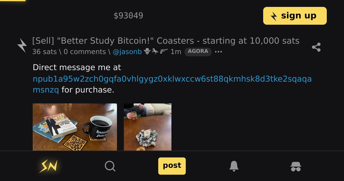 AGORA_SN's tweet card. Direct message me at npub1a95w2zch0gqfa0vhlgygz0xklwxccw6st88qkmhsk8d3tke2sqaqamsnzq for purchase. Bring your toxic maximalism to every cocktail party, coffee shop or café. Each set of four QR code...