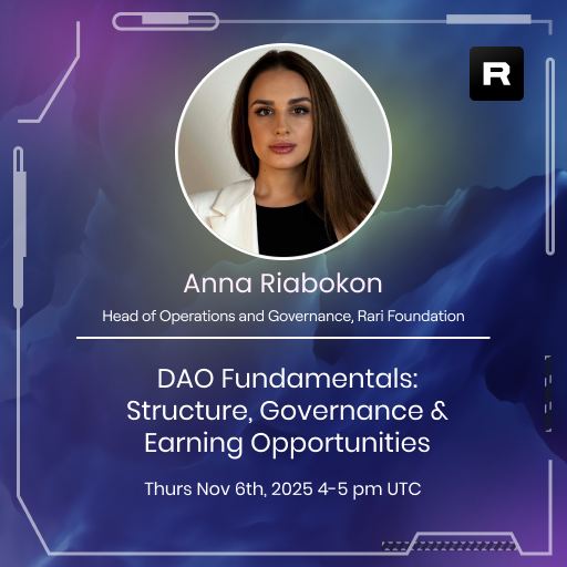 ann_riaa's tweet card. Join Si Her Guide and Head of Operations and Governance at RARI Foundation Anna Riabokon as she introduces the core concepts behind Decentralized Autonomous Organizations (DAO's) and explores how...
