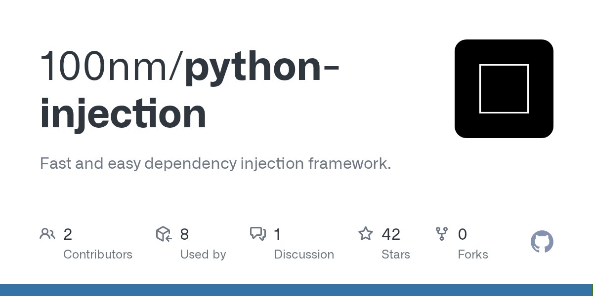 clxymox's tweet card. Fast and easy dependency injection framework. Contribute to 100nm/python-injection development by creating an account on GitHub.