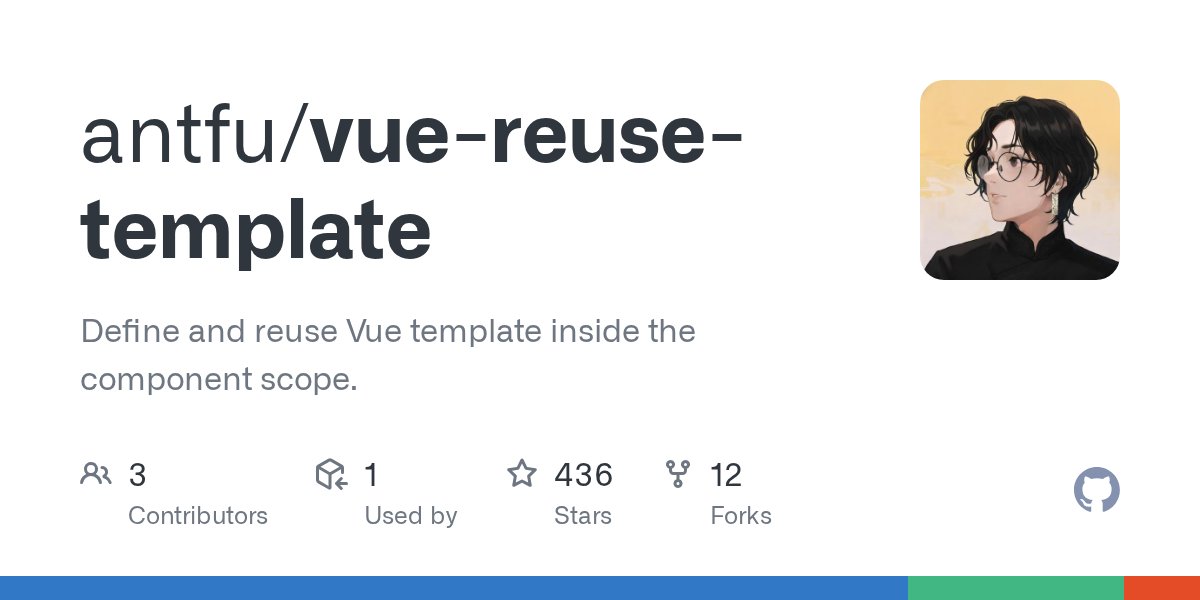 antfu7's tweet card. Define and reuse Vue template inside the component scope. - antfu/vue-reuse-template