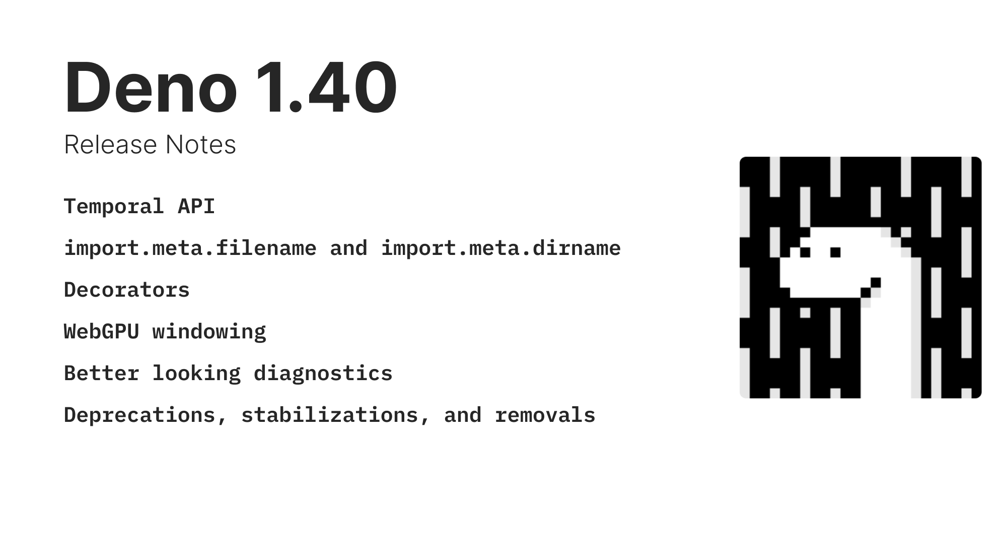 deno_land's tweet card. Deno 1.40 introduces the Temporal API, TC39 decorators, and a range of deprecations and stabilizations, along with improvements in Node.js compatibility, LSP, diagnostics, and handling of unstable...