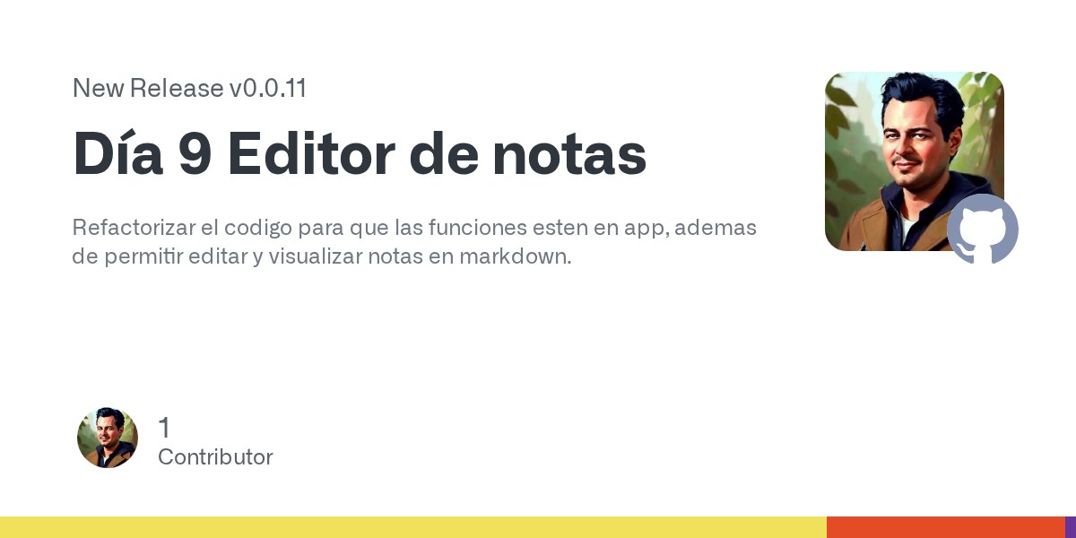 arturolgdev's tweet card. Refactorizar el codigo para que las funciones esten en app, ademas de permitir editar y visualizar notas en markdown.