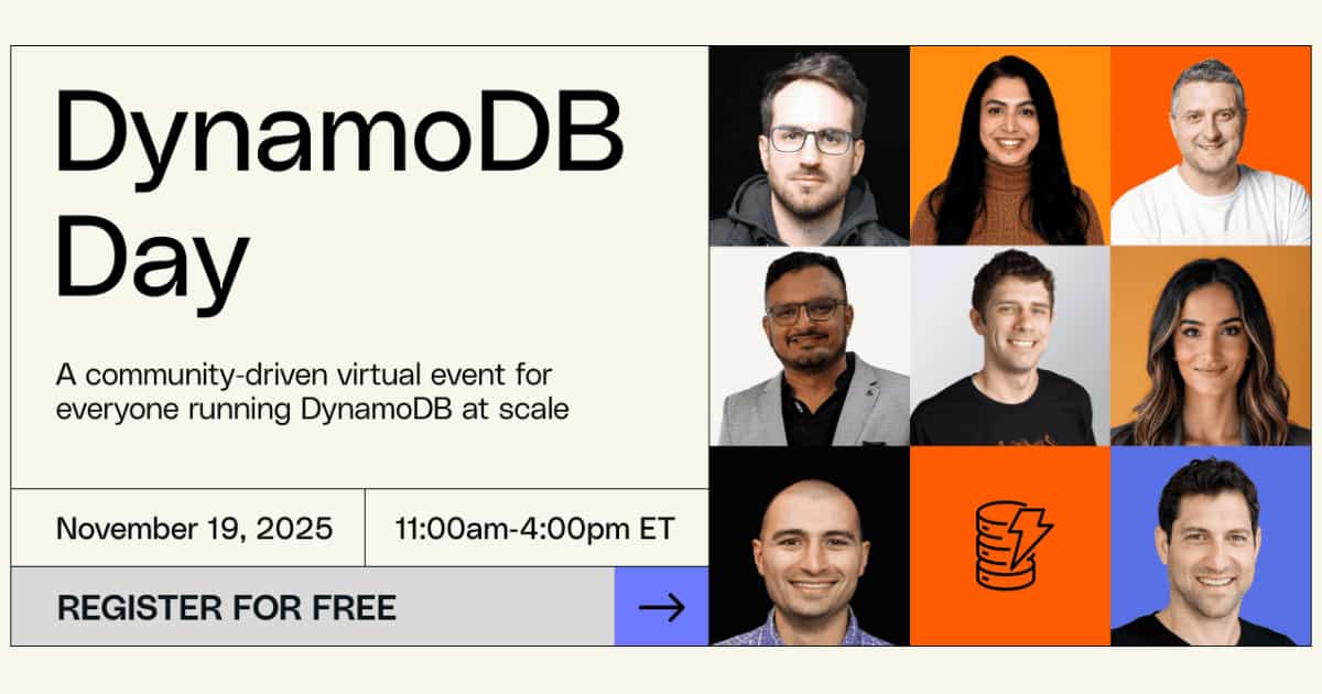 dynamodb's tweet card. Join AWS, Alex DeBrie, and DynamoDB experts on Nov 19 for a free virtual event. Learn real-world lessons on modeling, scaling, recovery, and resilience.