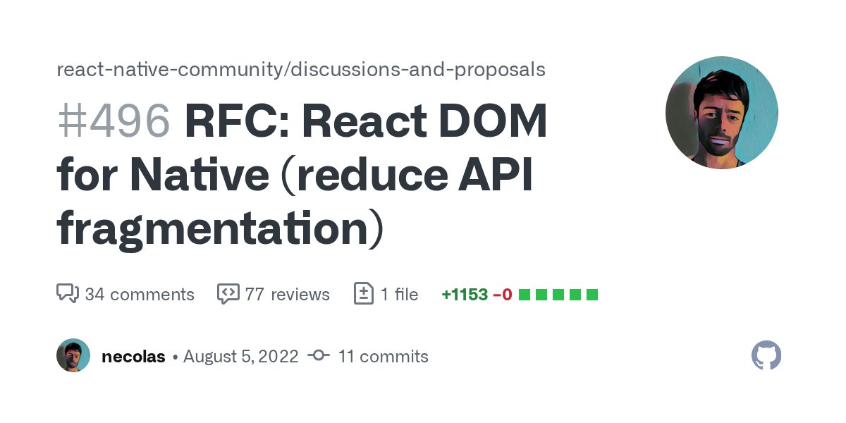 ReactWeb's tweet card. Updated: September 2023 The contents of the RFC are reproduced below. Also see RFC: DOM traversal and layout APIs in React Native RFC: React DOM for Native Summary This is a proposal to incrementa...