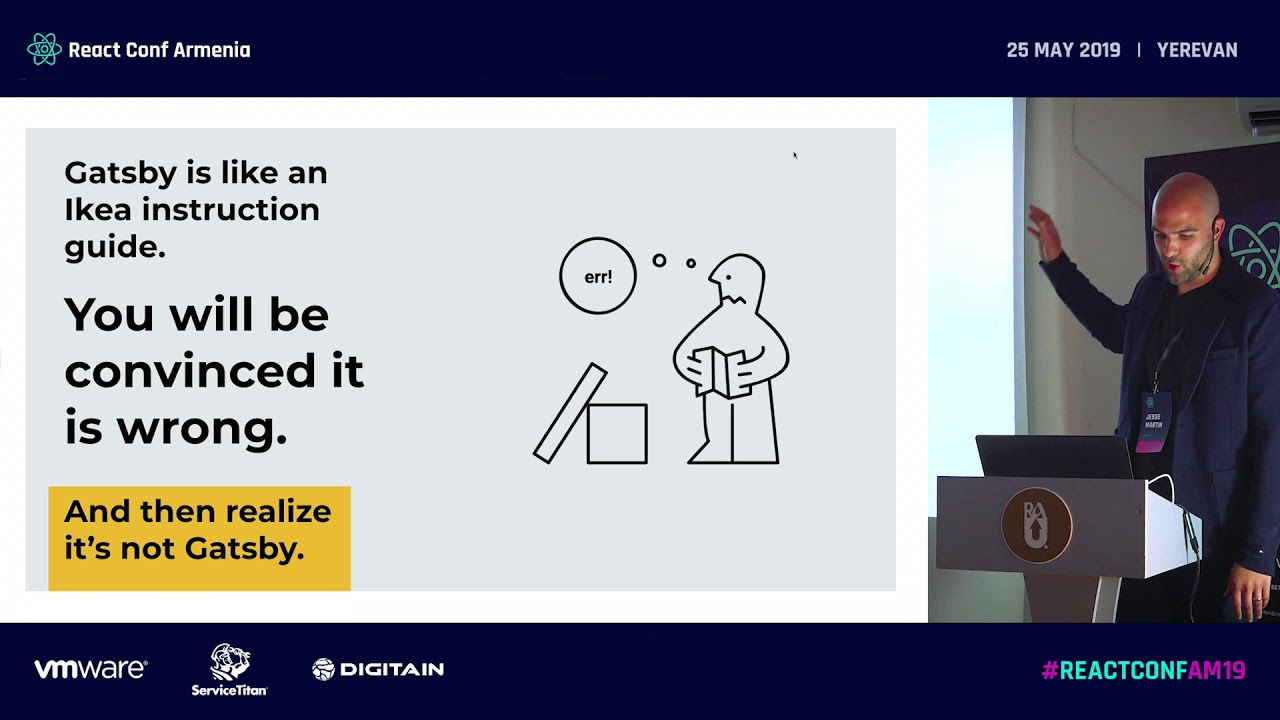 ReactConfAM's tweet card. Production Ready React with GatsbyJS by Jesse Martin | ReactConfAM19