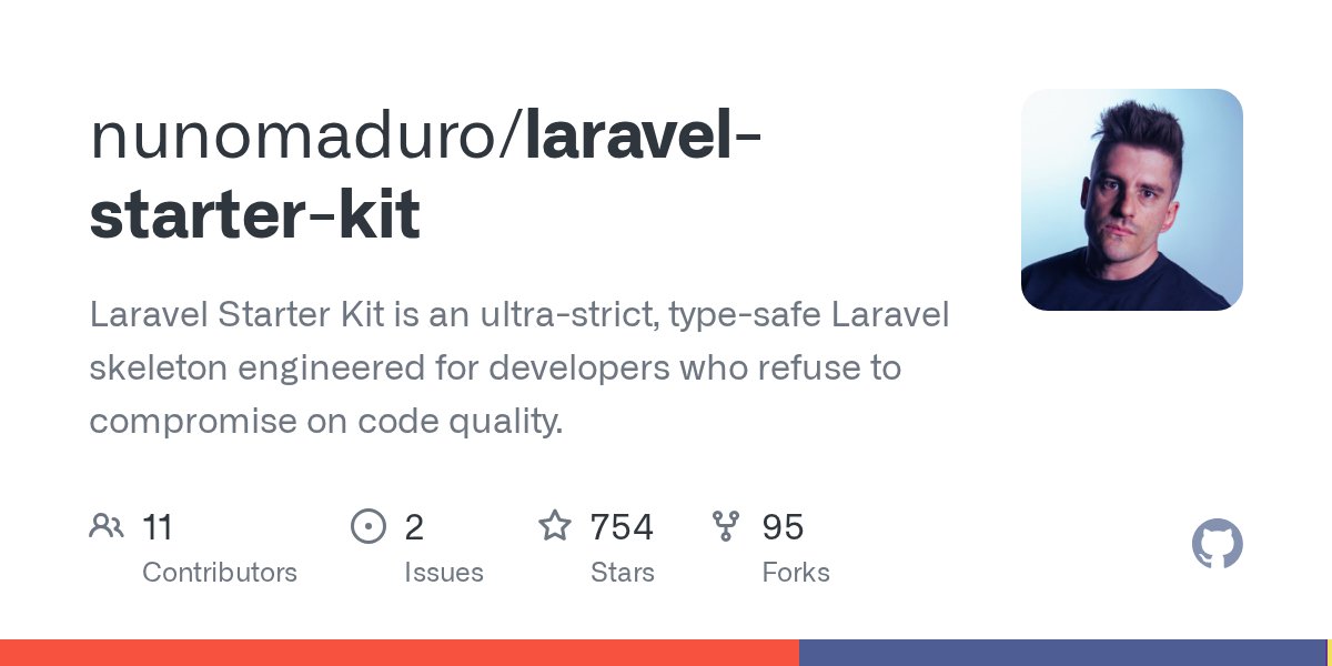 enunomaduro's tweet card. Laravel Starter Kit is an ultra-strict, type-safe Laravel skeleton engineered for developers who refuse to compromise on code quality. - nunomaduro/laravel-starter-kit