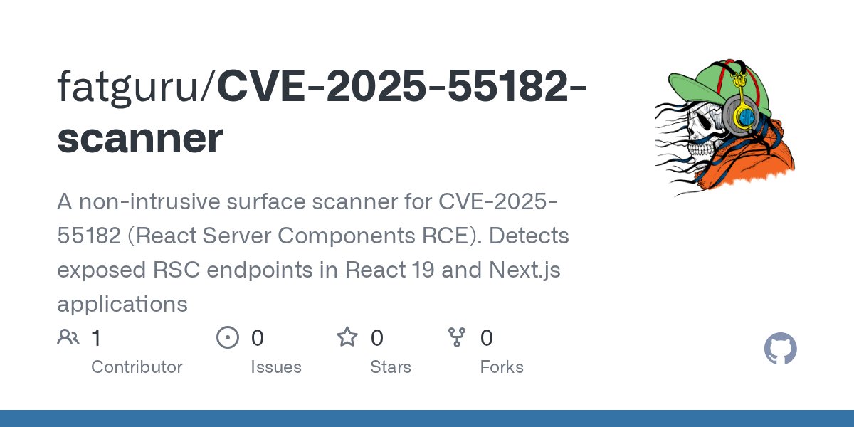 javobernardo's tweet card. A non-intrusive surface scanner for CVE-2025-55182 (React Server Components RCE). Detects exposed RSC endpoints in React 19 and Next.js applications - fatguru/CVE-2025-55182-scanner