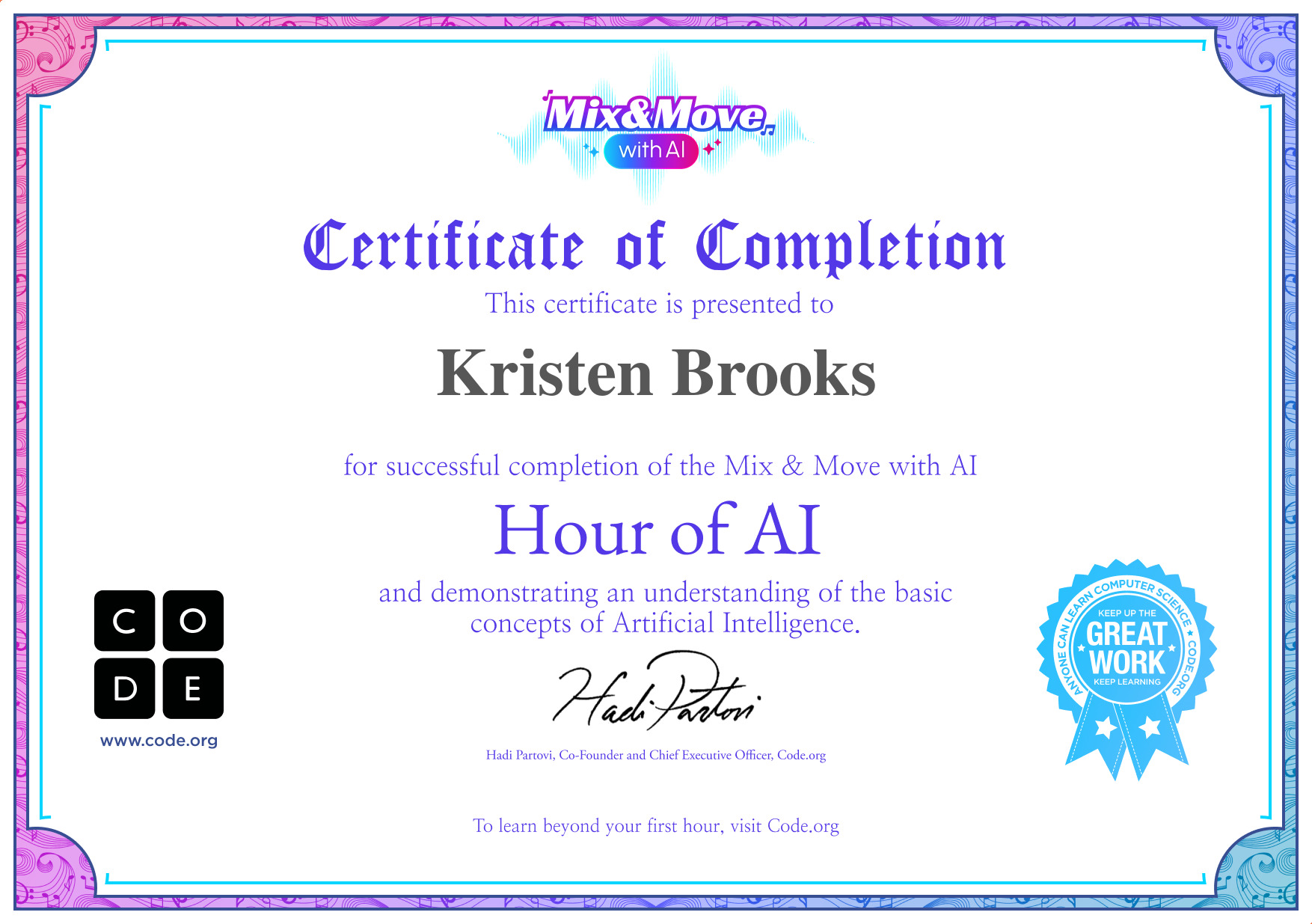 KristenBrooks77's tweet card. Certificate for completion of Mix & Move with AI